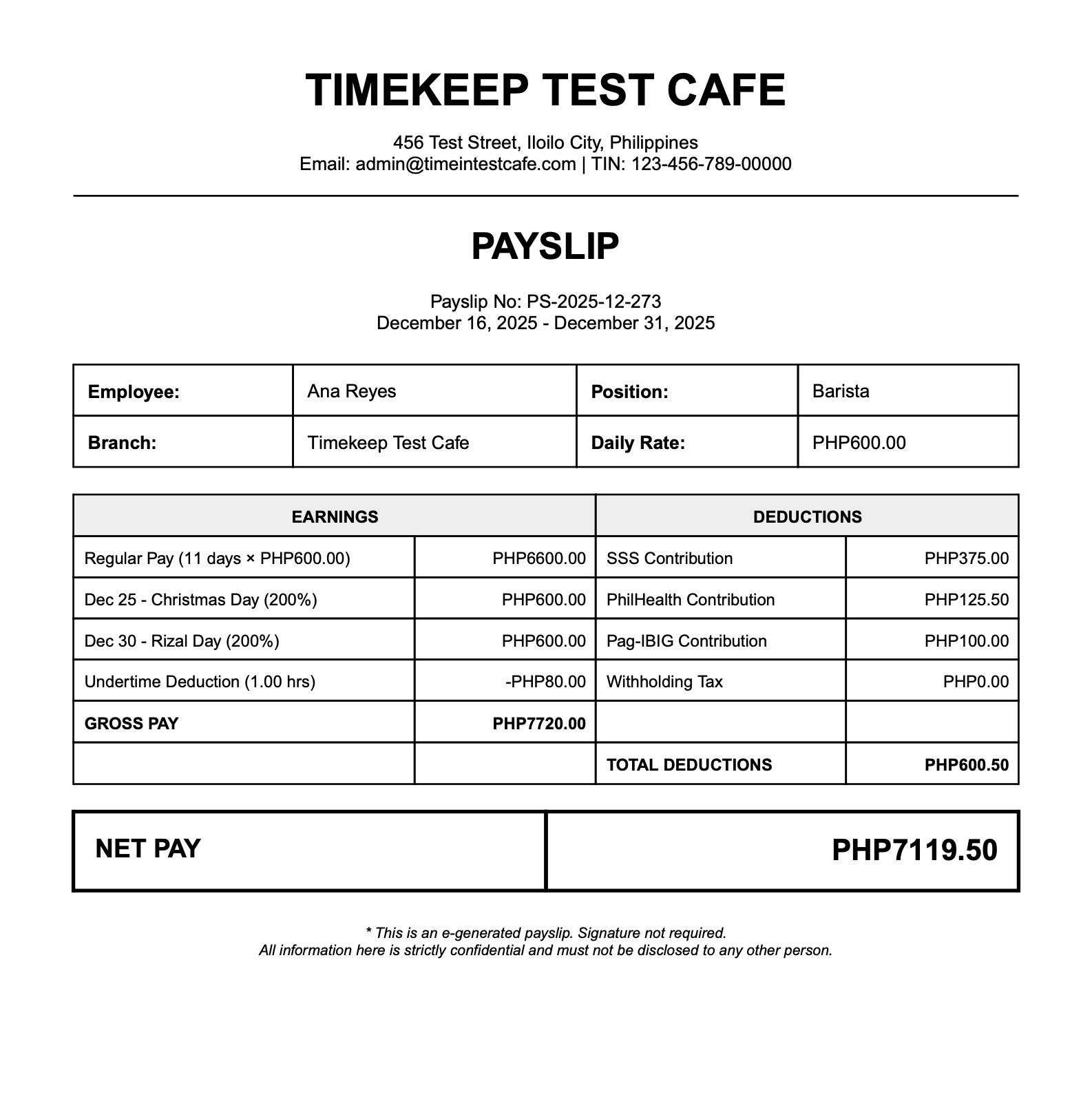 Professional payslip PDF showing itemized holiday pay for Christmas Day and Rizal Day