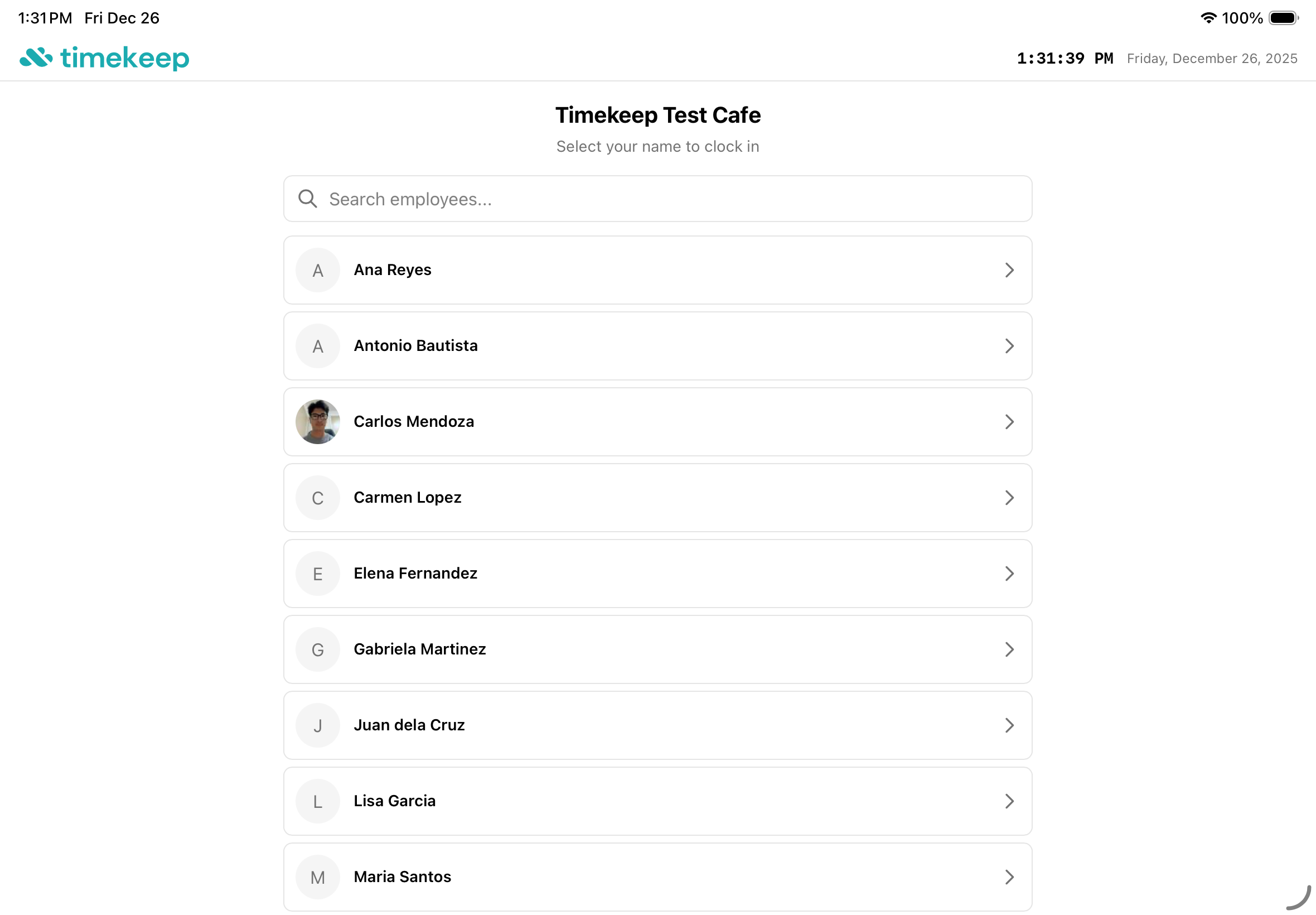 Kiosk employee selection screen showing staff list with photos