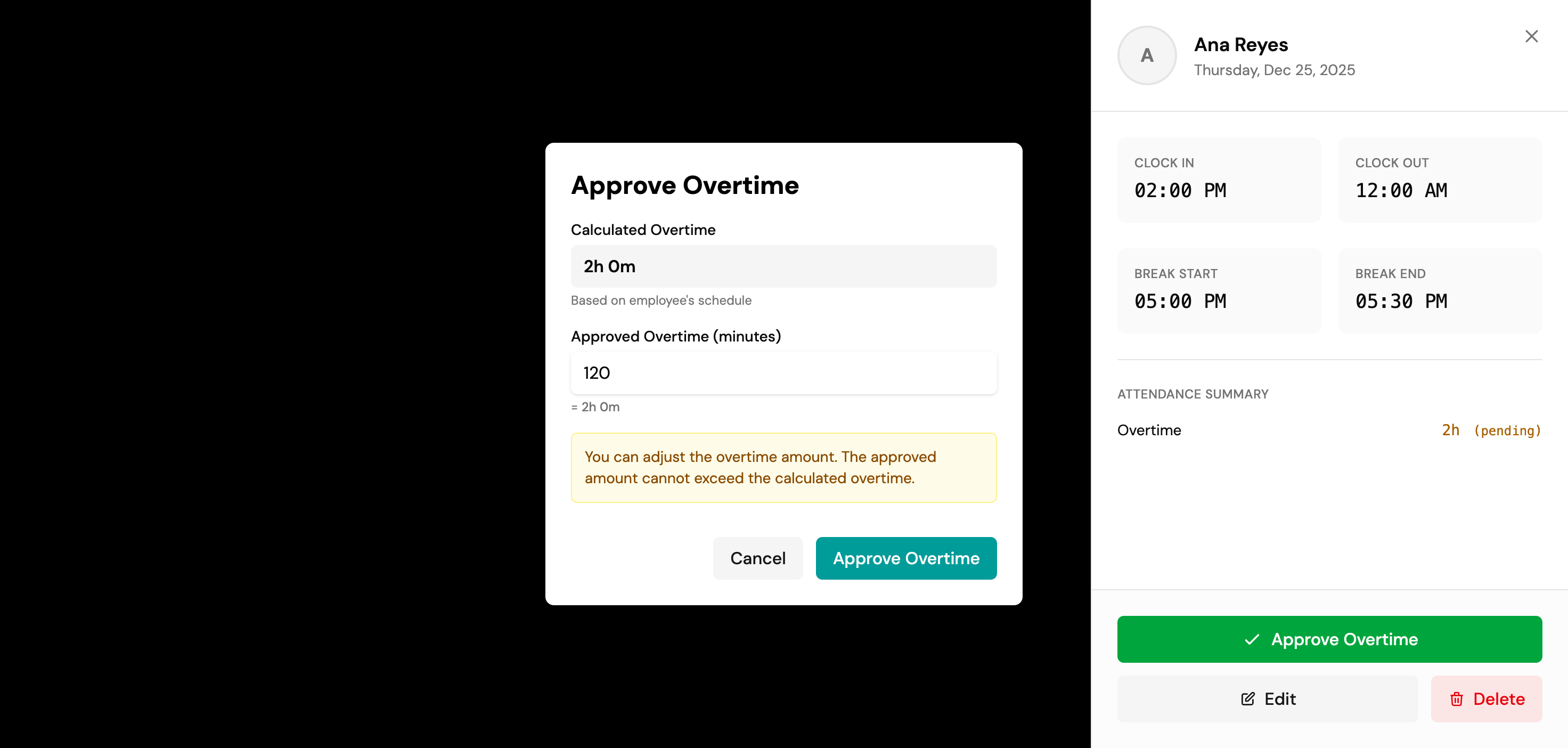 Overtime approval modal showing calculated overtime with approve and adjust options
